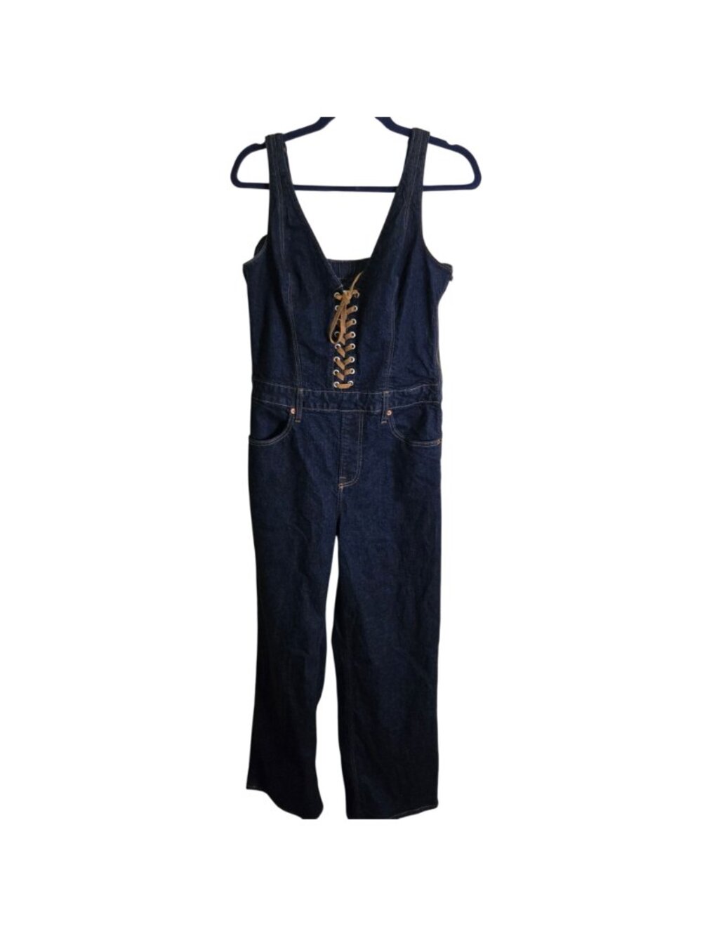 Abercrombie & Fitch Vegan Suede Lace Up Denim Jumpsuit Dark Wash Size M - Picture 2 of 15